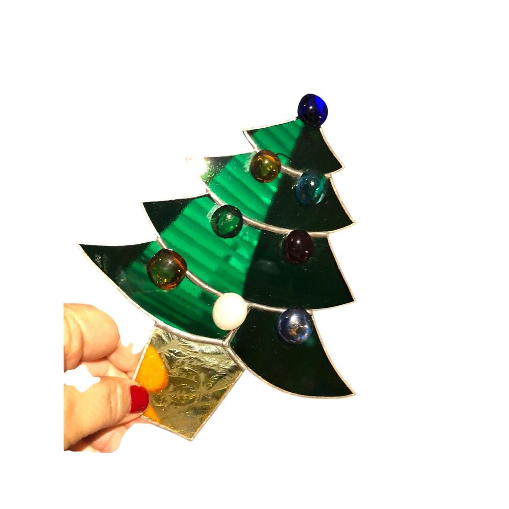 Vtg Stained Glass Christmas Tree large Window ornament 7 3-4”